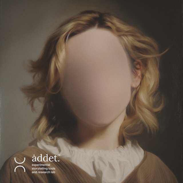 The image features a blurred portrait of a person with blonde hair, but no facial features are visible. Below the portrait, there is text that reads